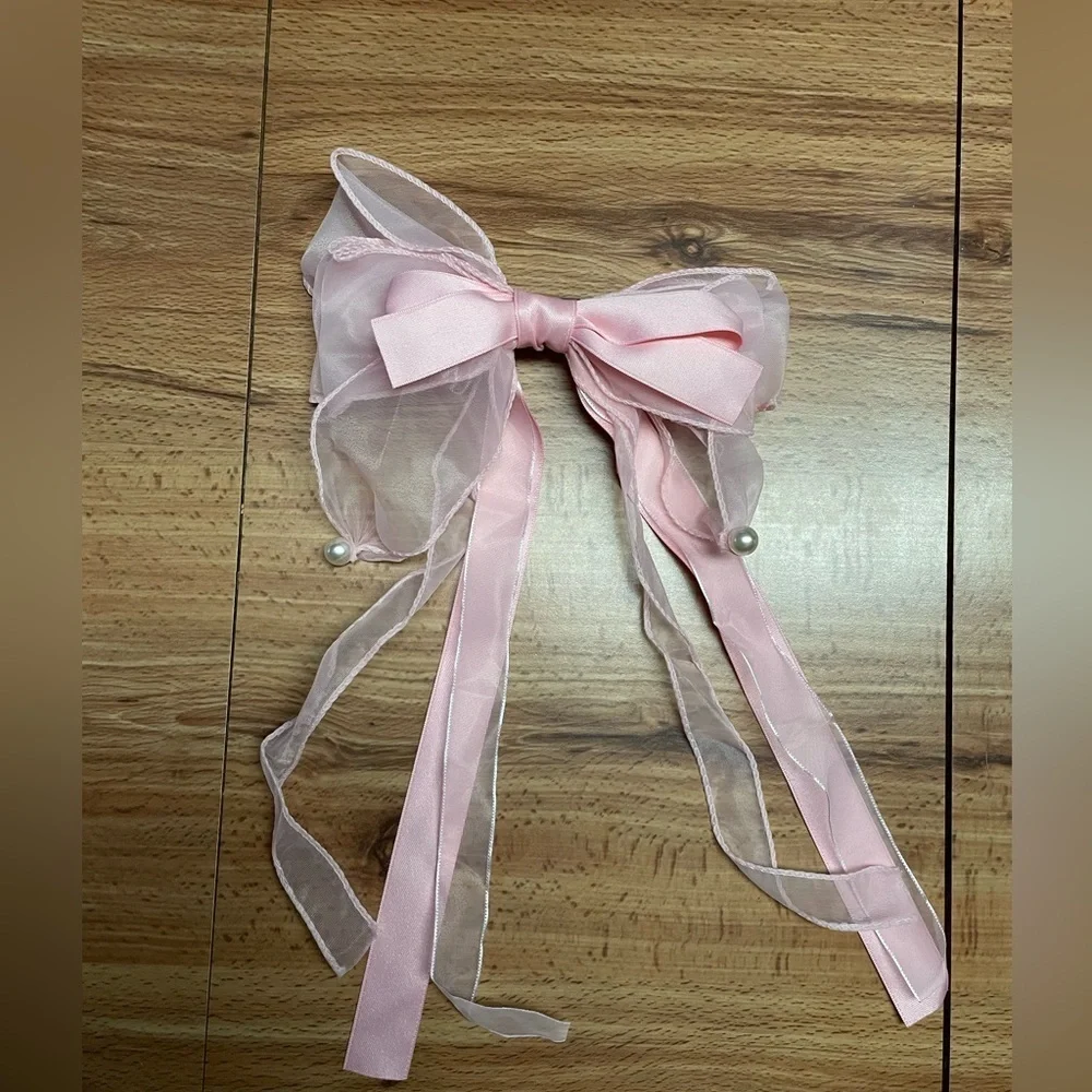 Long Oversized Pink Satin Bow French Barrette Hair Clip